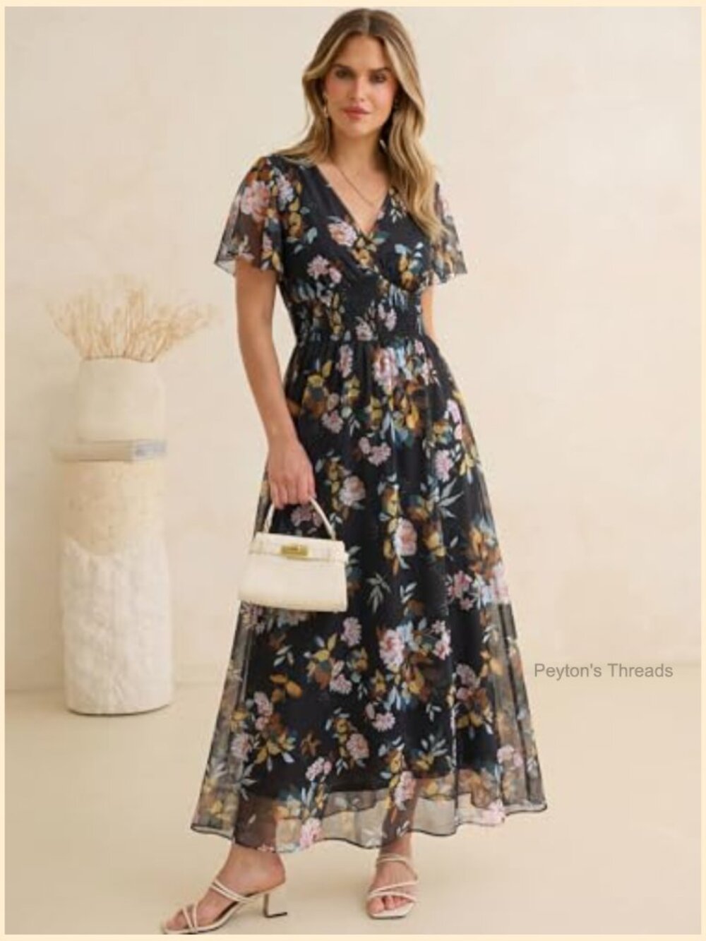 Floral Maxi Dress Short Sleeve Boho Flowy Tulle Beach Wedding Guest Party Dress - Picture 2 of 6
